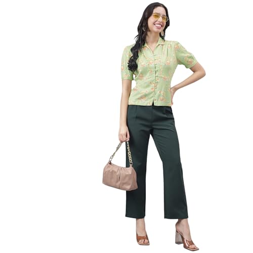 Latin Quarters Women Green Half Sleeve Shirt Collar Floral Top