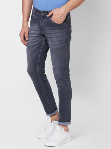 Giordano Mens Mid Rise Stretchable Solid Button Closure Clean Look Cotton 5 Pockets Slim Fit Jeans Grey