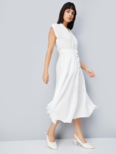 Max Women Solid A-line Belted Dress (Off White_S)