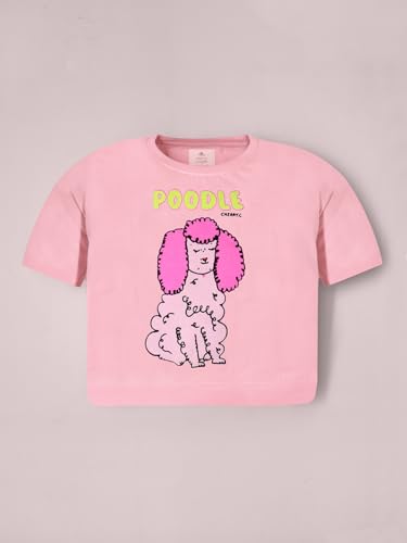 Cherry Crumble Pink Digital & Flock Printed 100% Cotton Half Sleeves Round Neck Summer Girls Tshirt.