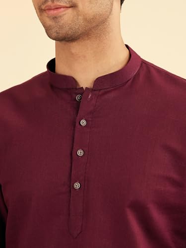 Manyavar Men's Cotton Solid Casual Short Kurta (Wine,XXL)
