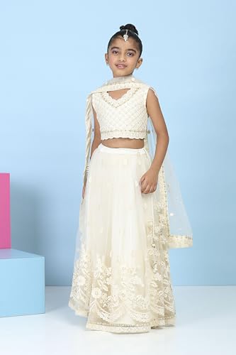 Biba Girls Neutral Butterfly Net Embroidered Regular Lehenga Set_14-15Y