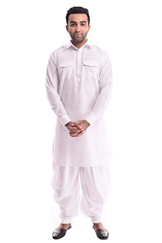 Royal Kurta Mens Linen Cotton Pathani Kurta Patiala Salwar Set White