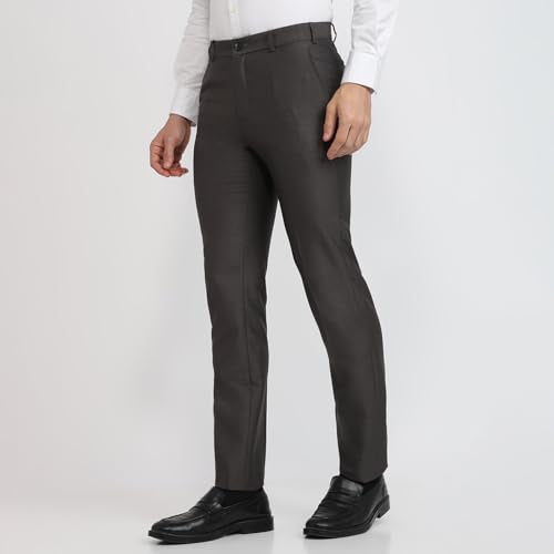 Raymond Men Slim Fit Structure Pattern Polyester Blend Flat Front Formal Trouser Dark Brown