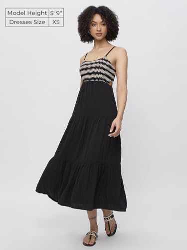 The Souled Store Gia Women and Girls Scoop Neck Sleeveless Black Maxi Long Length Cotton A Line Dresses