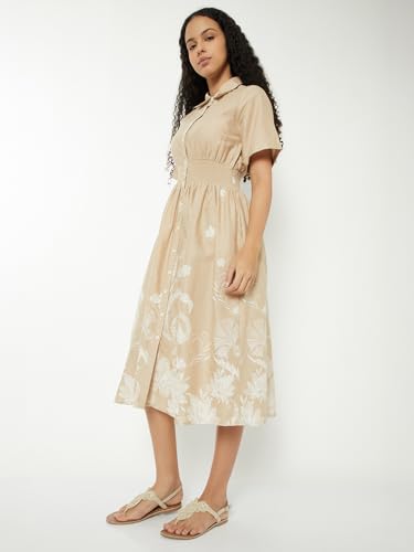 Max Women Printed A-line Shirt Dress (Beige_M)