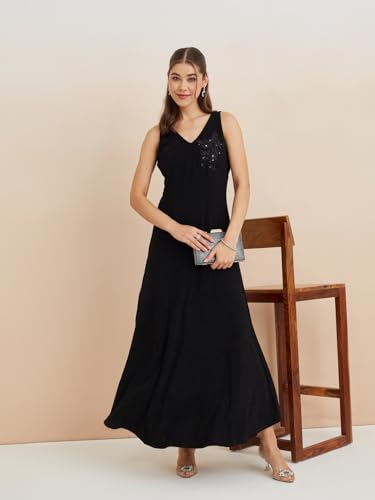 Latin Quarters Women's Black V-Neck Sleeveless Solid Party Fit & Flare Dress_XXL