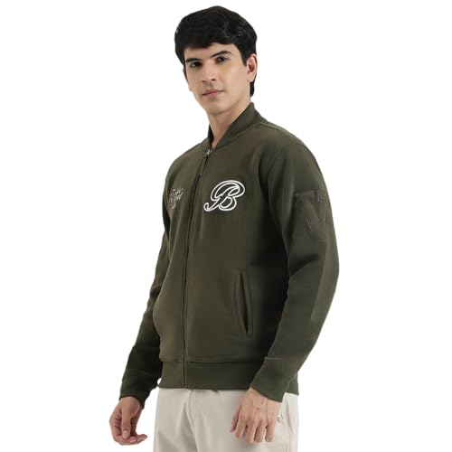 United Colors of Benetton Regular Fit Band Collar Textured Vibe Check Varsity Polar Jacket (Size: XL) - 25A2VLRJ3677I902