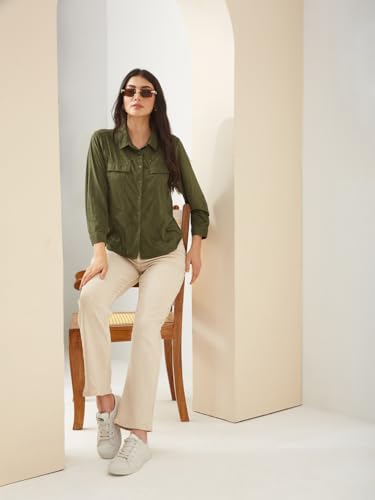 Latin Quarters Women Green Collared Full Sleeves Solid Casual Shirt_S