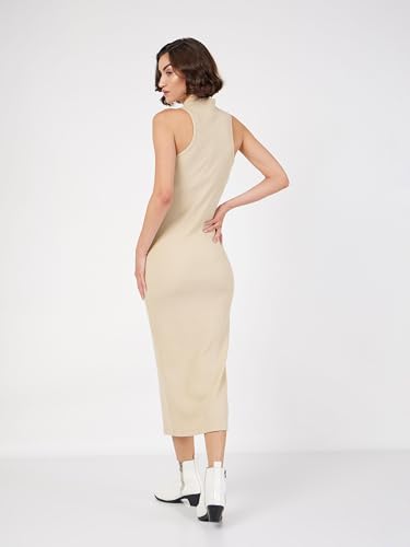 SASSAFRAS Women Beige Rib Turtle Neck Sleeveless Midi Dress -S