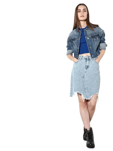 ONLY Women's Solid Regular Fit High-Rise Blue Skirt