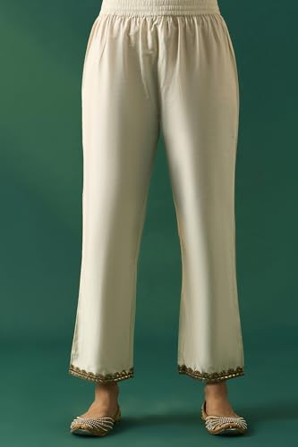 Wishful Women's Off-White Embroidered Anarkali Cotton Blend Kurta with Straight Pants and Dupatta Set - (SP12572-314255-L)