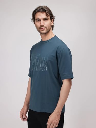 RARE RABBIT Men's Ovem Dusky Teal Cotton Blend Graphic Print Qlo Fit Half Sleeve Crew Neck T-Shirt