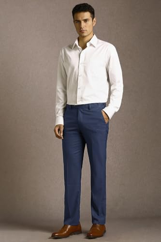 Men Navy Textured Flat Front Formal Trousers