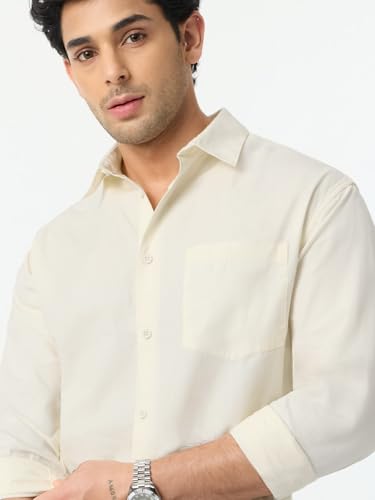 The Souled Store: Ivory White Men and Boys Long Sleeve Spread Collar Off White Solid Relaxed Fit Lightweight Easy to Style Everyday Office Wear Casual Cotton Shirt