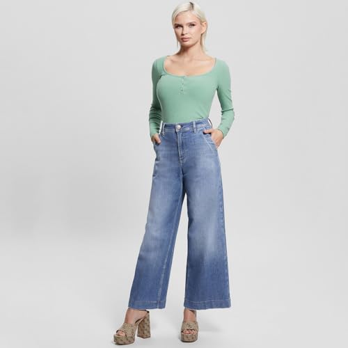 GUESS Vital Green Solid Scoop Neck Full Sleeve Karlee Jewel Top