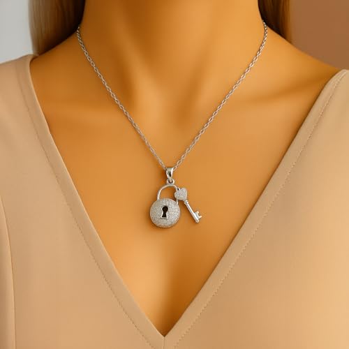 SHOWY JEWELS 925 Sterling Silver Lock and Key Pendant Necklace for Women | AAA Cubic Zirconia Romantic Jewellery | BIS Hallmarked | Gift for Girlfriend, Wife, Birthday, Valentine