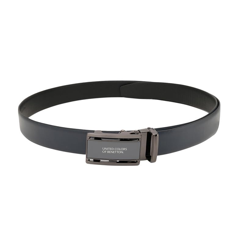 United Colors of Benetton Men's Leather Belt Stovall | Auto-Lock Formal Belt - Fine Milled Textured Navy (L - 100cm) | Ideal for Gifting