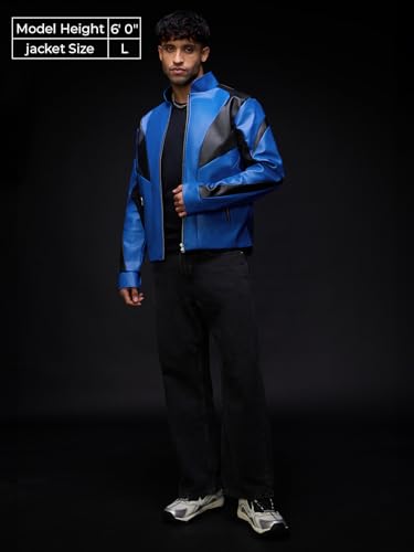 The Souled Store Biker Jacket: Blue Ranger Men and Boys Full Sleeves Mock Collar Blue and Black Colour-Block Polyester Regular Fit Breathable Zippered Closure Winter Biker Jacket