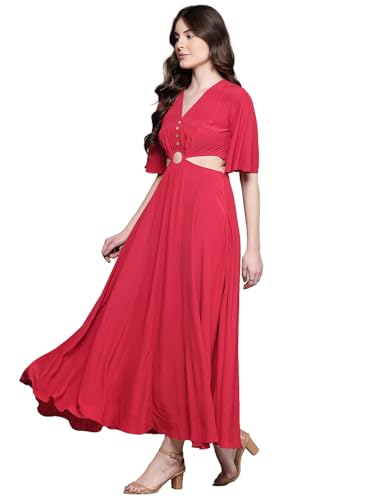 Label RITU KUMAR V Neck Solid Long Dress Red