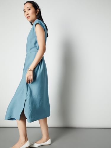 Max Women Textured Belted Midi Dress (Blue_S)