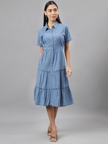 Latin Quarters Women Blue Denim Solid Knee-Length Shirt Dress with Collar Neck Half Sleeves and Button Closure in Cotton Viscose Fabric