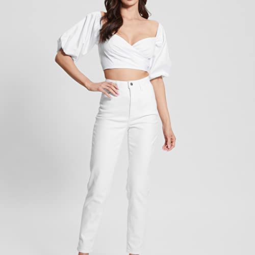 GUESS Women's Off Shoulder Cropped Jun Shirt, Pure White, M