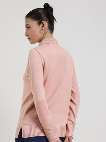 FableStreet Women Sweater Casual | V-Neck Polo Collar Design with Long Sleeves & Ribbed Hem | Solid Pattern Acrylic Knit Fabric for Comfort & Layering Pink