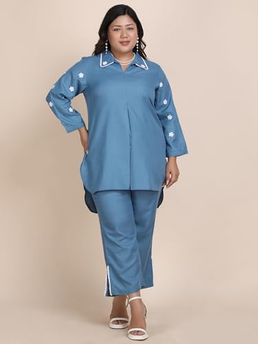 Bani Women Plus Size Blue Embroidered Co-ord Set with Collared Neck and Side Slit Pants | 2 Pec Out Fit Dress | Outerwear Dress