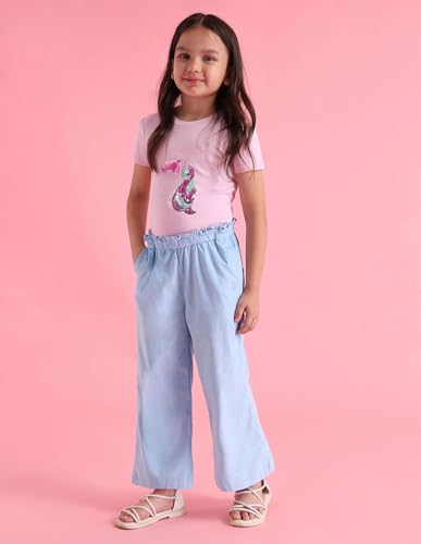 U.S. Polo Assn. Kids USPA Girlswear Girl's Blue Solid Mid Rise Cotton Pull On Regular Flat Front Slit Pocket Trousers (UGTRO0015_Blue_11-12 Years)