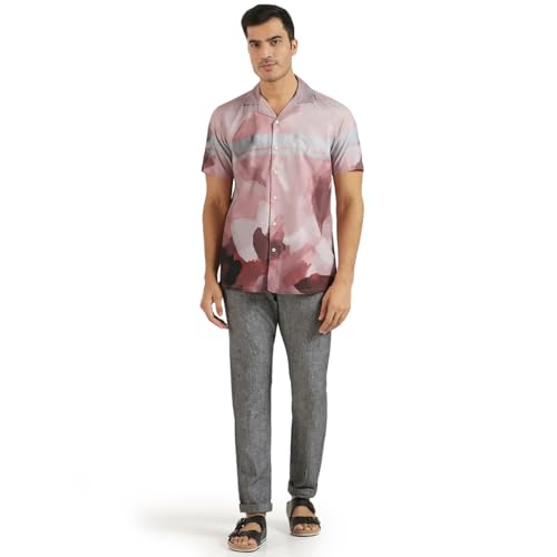 blackberrys Men?s Linen Casual Ochre Printed Smart Fit Shirt | Printed Linen Shirt with Collared Neck & Long Sleeves | Casual Styling | Size 38, Color Red