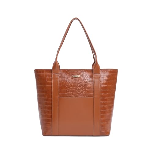 Fastrack Chic Textured Tote Bag for Women | Stylish Casual Bag for Ladies, Women, Girls | Trendy Everyday College Bag Made of High-Quality Faux Leather (Tan)