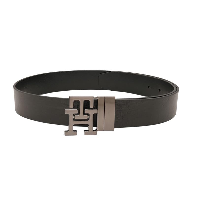 Tommy Hilfiger Men's Phnom Reversible Leather Belt - Textured Black Style With Th Monogram And Brushed Gunmetal Finish - Semi-Formal Versatility | Size L - 100 CM | Ideal for Gifting