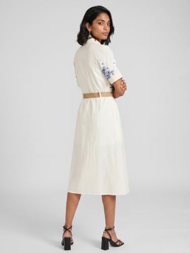 Max Women Embroidered Belted Midi Dress (White_L)