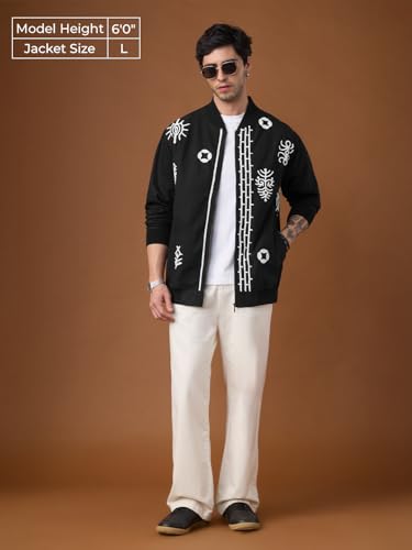 The Souled Store Linen Jacket: Aztec Men and Boys Full Sleeves Band Collar Black Embroidered Cotton Linen Oversized Fit Lightweight Everyday Bomber Jacket