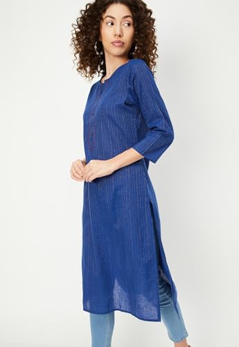 Max Cotton Blend Women Striped Regular Fit Straight Kurta (PKBL41001BLUE)_Medium