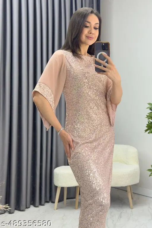 Elegant Sequin Midi Dress with Sheer Bell Sleeves – Rose Gold