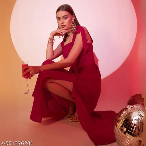 Berrylush Women Solid Red Square Neck Waist Tie-Up Cutout Georgette Thigh-High Slit Flared A-Line Maxi Dress