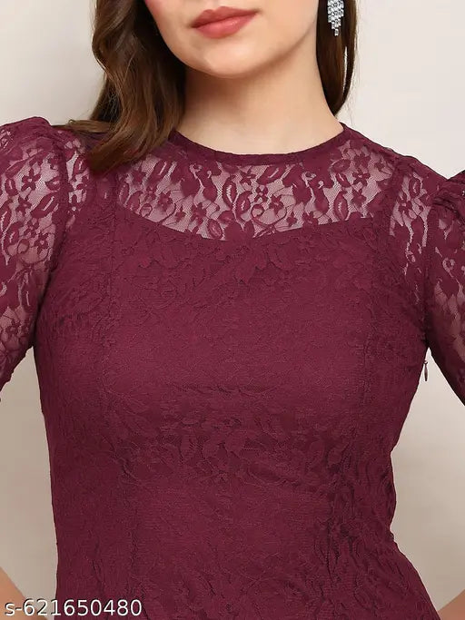 Globus Women Red Round Neck Puff Sleeves Flared Hem Panelled Floral Lace A-Line Midi Party Dress