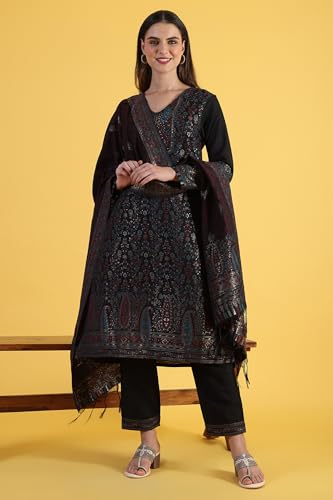 W for Woman Black Yarn Dyed Sequins A-Line Kurta & Straight Pant with Dupatta Set (Size: XL)-24NOWS11842-314128