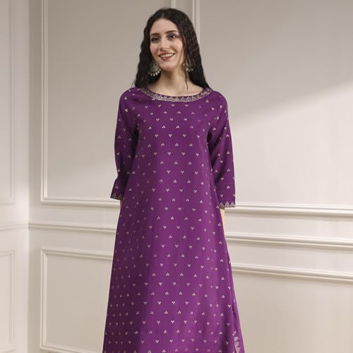 Biba Women Purple Polyseter Blend Straight Printed Kurta Set_46