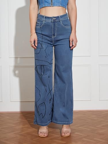 Miss Chase Women's Wide Leg High Rise Hand Painted Stretchable Denim Jeans (MCSS18DEN02-19-391-30, Hazy Blue, 30)
