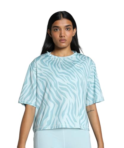 Puma Women's Printed Relaxed Fit T-Shirt (Turquoise Surf-Zebra Print)