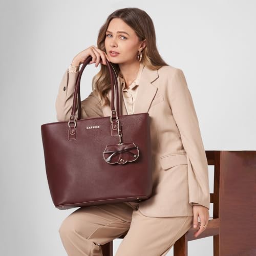 Caprese Lexi Large Laptop Tote Bag for Women | Solid Faux Leather Shoulder Handbag with Zipper Closure | External Eyewear/Sunglass Charm Case | Perfect for Office & Travel Use (Cherry Lacquer)