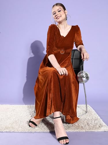 Miss Chase Women's V-Neck Three-Quarter Sleeve Solid Fit & Flare Midi Velvet Dress (MCAW22D13-73-606-02, Rust, XS)
