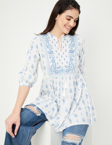 Max Women Printed Tie-Up Neck Tunic (INDIE41015OFF White)_L