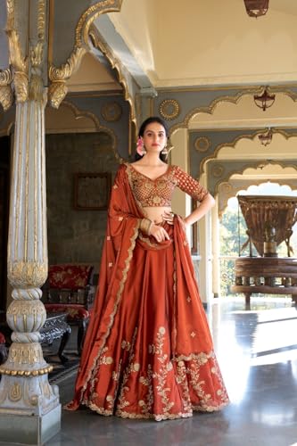JIHU CULTURE Women's Orange Sequence Embroidery Work Silk Semi-Sttiched Lehenga Choli-JH290ORG