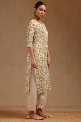 Soch Womens Green Cotton Floral Print Kurta with Thread Work