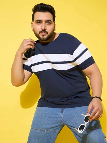 Bigbanana Men Plus Size Colorblock Navy Round Neck Tshirt (Bridge,Navy,5XL)