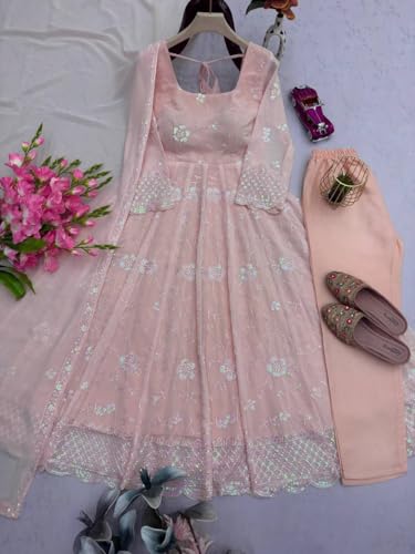 SIRIO CRAFT Women’s Peach Pink Embroidered Anarkali Gown with Dupatta Ethnic Dress for Wedding & Festive (in, Alpha, L, Regular, Woman, pich Pink)